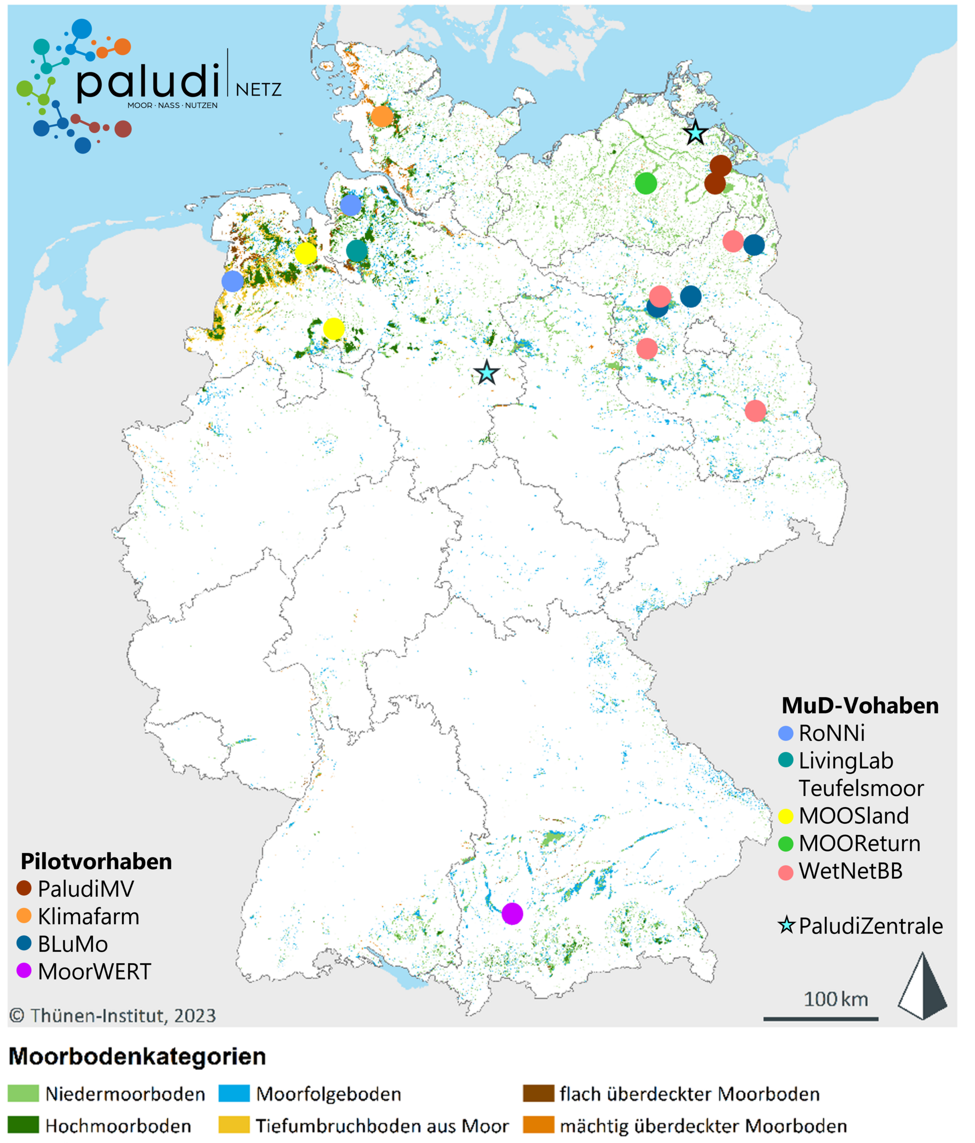 Deutschlandkarte mit PaludiNetz-Projekten